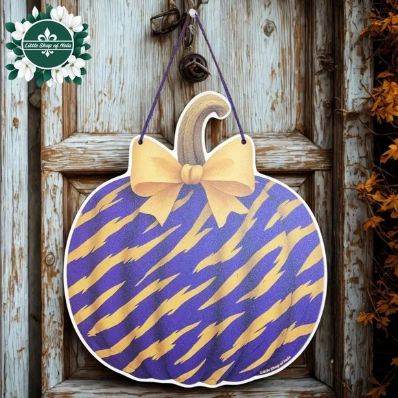 Purple Gold Tiger Stripes Pumpkin Louisiana Wall Art Decor Fall Door Hanger Sign - Picture 6 of 17